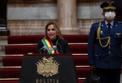 Bolivia's interim President Jeanine Anez speaks during an Independence Day event in La Paz, Bolivia, Thursday, Aug. 6, 2020.