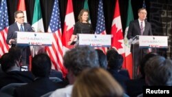 Ildefonso Guajardo, Mexico's Secretary of Economy; Chrystia Freeland, Canada's Minister of Foreign Affairs; and Robert Lighthizer, United States Trade Representative, make statements to the media, in Montreal, Quebec, Canada, Jan. 29, 2018.