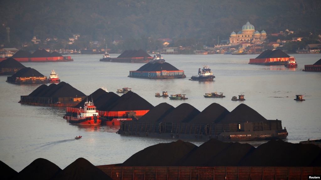 运载煤炭的驳船沿着印尼东加里曼丹省马哈坎河排成队。（2019年8月31日）