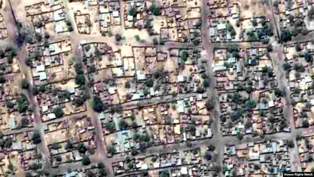 Pre-violence view of concentration of building damages in Baga (view 1)