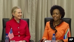 U.S. Secretary of State Hillary Rodham Clinton meets with South Africa's Foreign Minister Maite Nkoana-Mashabane in Pretoria, South Africa, August 7, 2012. 