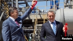 Dmytro Firtash, one of Ukraine's richest men, (R) and Ukrainian President Viktor Yanukovich take part in an opening ceremony of a new complex for the production of sulfuric acid in Crimea region, April 27, 2012. 