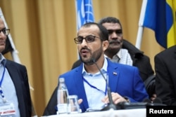 Head of Houthi delegation Mohammed Abdul-Salam speaks at the Yemen peace talks closing press conference at the Johannesberg castle in Rimbo, near Stockholm, Dec. 13, 2018.
