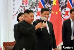 김정은 북한 국무위원장과 시진핑 국가주석이 19일 베이징 인민대회당에서 와인잔을 들어올리는 모습을 조선중앙통신이 공개했다.