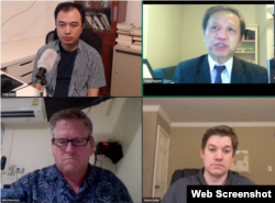 Các ông Trịnh Hữu Long, Nguyễn Đình Thắng, Phil Robertson, và Steven Adair tại buổi Hội luận trực tuyến Hạn chế và ngăn chặn tự do ngôn luận và bất đồng chính kiến trên Internet, 26-10-2020.