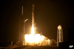 A SpaceX Falcon 9 rocket with the Crew Dragon capsule lifts off from Launch Pad 39A at the Kennedy Space Center in Cape Canaveral, Fla., Nov. 10, 2021.