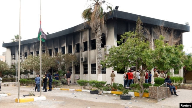 The electoral commission building after a suicide attack in Tripoli, Libya, May 2, 2018. 