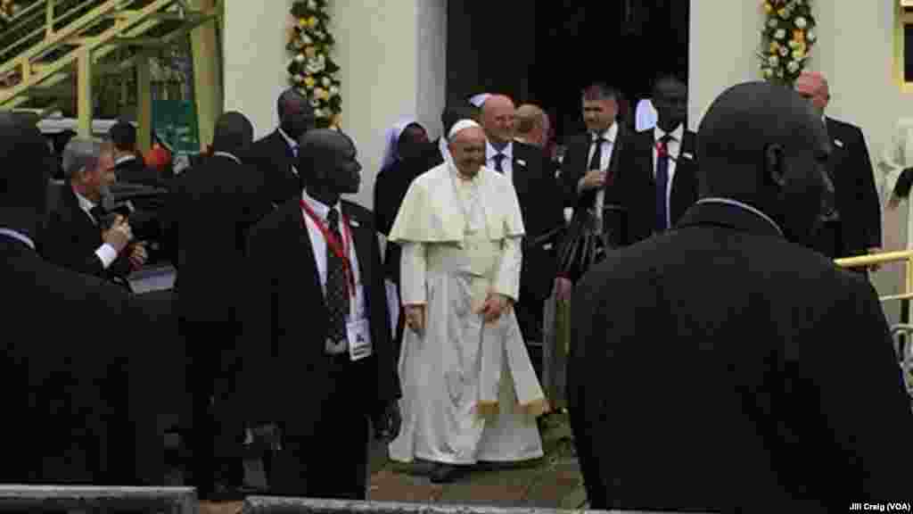 Pope Francis leaves after celebrating Mass at the campus of the University of Nairobi, Kenya, Nov. 26, 2015, having told religious leaders they need to engage in dialogue to guard against the "barbarous" Islamic extremist attacks that have struck Kenya.