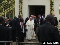 Pope Francis leaves after celebrating Mass at the campus of the University of Nairobi, Kenya, Nov. 26, 2015, having told religious leaders they need to engage in dialogue to guard against the "barbarous" Islamic extremist attacks that have struck Kenya.