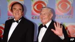 FILE - Actors Jim Nabors, left, and Andy Griffith arrive at CBS's 75th anniversary celebration, Nov. 2, 2003, in New York. 