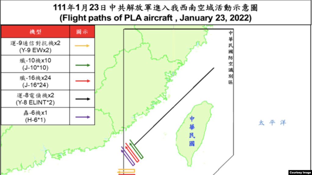 台湾空军2022年1月23日公布当日解放军进入防空识别区示意图(photo:VOA)