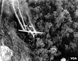 **FILE** A U.S. Air Force C-123 flies low along a South Vietnamese highway spraying defoliants on dense jungle growth to eliminate ambush sites for the Viet Cong in May, 1966 during the Vietnam War. The use of these agents exposed an estimated 3 million U