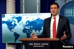 FILE - Tom Bossert, homeland security adviser to President Donald Trump, holds a press briefing to publicly blame North Korea for unleashing the so-called WannaCry cyber attack at the White House in Washington, Dec. 19, 2017.