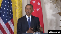 2일 백악관에서 진행된 리셴룽 싱가포르 총리와의 공동 기자회견에서 대선 관련 언급을 하고 있는 바락 오바마 미국 대통령.