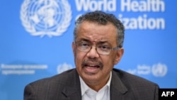 世界卫生组织总干事谭德塞在记者会上。（2020年1月30日）