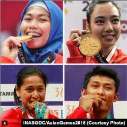 Atlet Indonesia, Peraih Medali Emas Asian Games ke-18, 2018. Dari kiri atas searah jarum jam: Defia Rosmaniar (Taekwondo), Lindswell (Wushu), Khoiful Mukhib (Sepeda Gunung), Tiara Andini Prastika (Sepeda Gunung). Hingga Senin (20/8) malam, Indonesia berada di peringkat 4 dengan total 8 medali. (Foto: INASGOC/AsianG