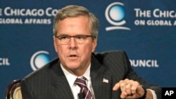 Former Florida governor Jeb Bush answers questions after speaking at the Chicago Council on Global Affairs, Feb. 18, 2015, in Chicago.