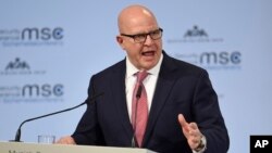 FILE - H.R. McMaster, White House national security adviser, speaks at the Munich Security Conference in Germany, Feb. 17, 2018.