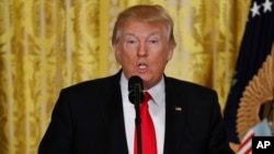 President Donald Trump in the East Room of the White House in Washington, Feb. 16, 2017. 