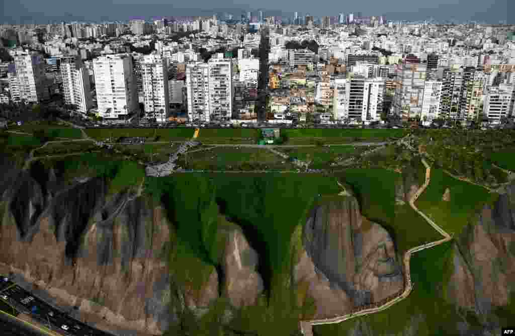 An aerial image of the Lima coastline, Peru, during the podium ceremony before the start of the Dakar Rally, Jan. 6, 2019. 