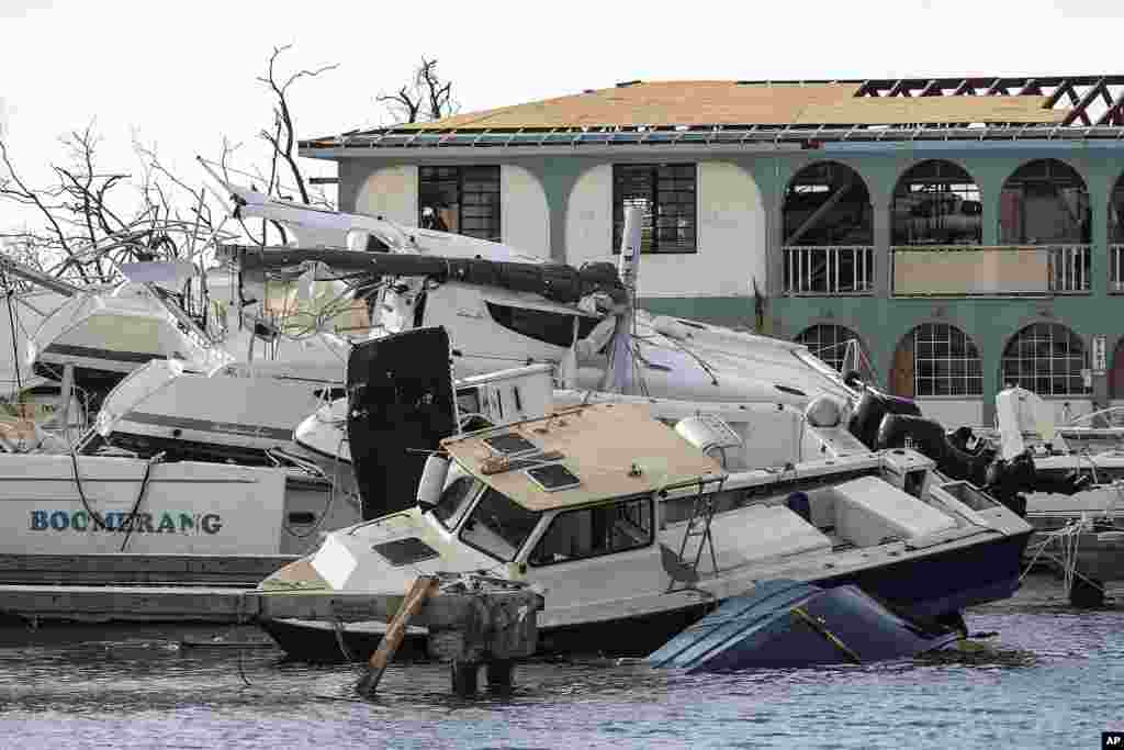 This undated photo provided on Sept. 10, 2017 by the British Ministry of Defense, shows the destruction in Road Town, Tortola, British Virgin Islands left by Hurricane Irma.