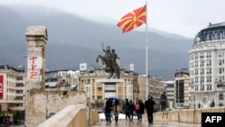 FILE - A general view shows Skopje's main square, Macedonia, Feb. 6, 2019. 
