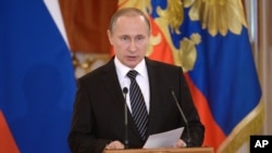 Tổng thống Nga Vladimir Putin phát biểu tại điện Kremlin, Moscow, ngày 17 tháng 3 năm 2016.