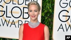 Jennifer Lawrence arrives at the 73rd annual Golden Globe Awards, Jan. 10, 2016, at the Beverly Hilton Hotel in Beverly Hills, California. 