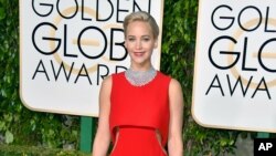 Jennifer Lawrence arrives at the 73rd annual Golden Globe Awards on Jan. 10, 2016, at the Beverly Hilton Hotel in Beverly Hills, Calif.