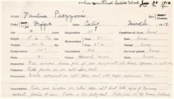 Carlisle School physician report for Pauline Peazzoni on return to school after a five-year-outing indicates advanced stage of tuberculosis.