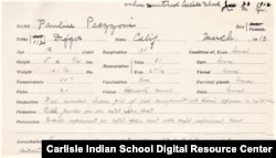 Carlisle School physician report for Pauline Peazzoni on return to school after a five-year-outing indicates advanced stage of tuberculosis.