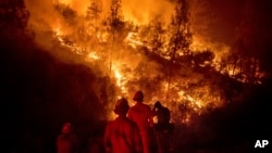 Firefighters monitor a backfire while battling the Ranch Fire, part of the Mendocino Complex Fire, on Aug. 7, 2018, near Ladoga, Calif.