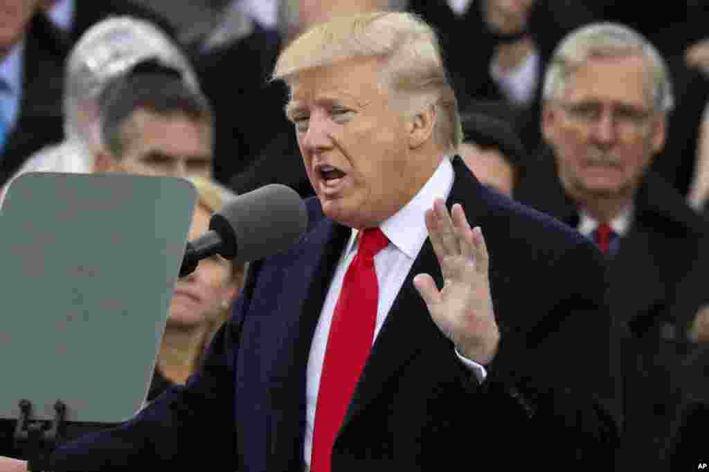President Donald Trump speaks after being sworn in as the 45th president of the United States during the 58th Presidential Inauguration.