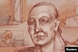 Cesar Sayoc, accused of mailing 14 pipe bombs to prominent critics of U.S. President Donald Trump, appears handcuffed in federal court to answer charges against him in an artist's sketch in Miami, Oct. 29, 2018.