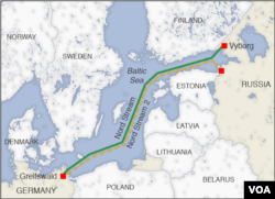 Map of the Baltic Sea showing the Nord and Nord 2 pipelines
