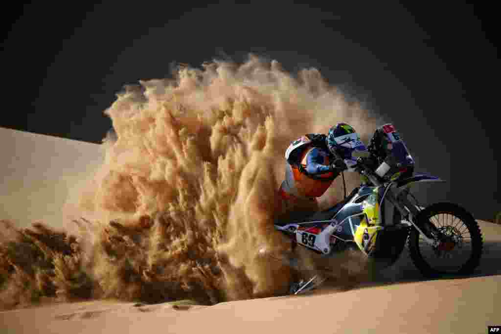 Biker Walter Roelants of Belgium rides during Stage 2 of the Dakar Rally 2021 between Bisha and Wadi Ad-Dawasir in Saudi Arabia.