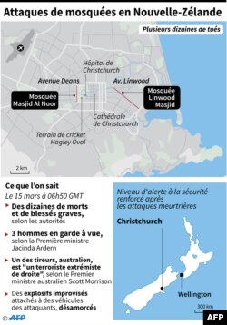 Carte de localisation de Christchurch en Nouvelle-Zélande où des dizaines de personnes ont été tuées et une vingtaine grièvement blessées dans des attaques contre des mosquées.