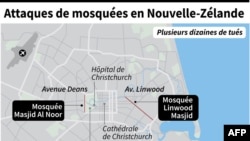 Carte de localisation de Christchurch en Nouvelle-Zélande où 49 personnes ont été tuées et une vingtaine grièvement blessées dans des attaques contre des mosquées.