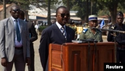FILE - Alexandre-Ferdinand Nguendet, head of the Central African Republic's transitional assembly, is seen giving a speech in Bangui, Jan. 13, 2014.