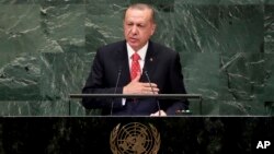 Turkey's President Recep Tayyip Erdogan addresses the 73rd session of the United Nations General Assembly, at U.N. headquarters, Sept. 25, 2018. 