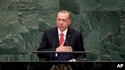 Presiden Turki Recep Tayyip Erdogan berpidato di hadapan sidang Majelis Umum PBB ke-73 di markas PBB, New York, 25 September 2018. 
