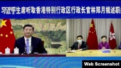 香港特首林鄭月娥1月27日首次以視像形式向中國國家主席習近平述職。(網絡截圖)