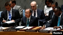 United Nations Secretary-General Ban Ki-moon (C) is seen at a U.N. Security Council meeting discussing the situation in the Middle East, at the U.N. headquarters in New York, July 10, 2014.