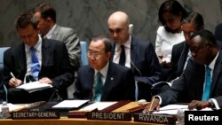 United Nations Secretary-General Ban Ki-moon (C) is seen at a U.N. Security Council meeting discussing the situation in the Middle East, at the U.N. headquarters in New York, July 10, 2014.