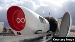 This file photo shows a Virgin Hyperloop pod at the company's testing center in Las Vegas, Nevada. Virgin Hyperloop says it just completed its first successful test of the system with passengers. (Photo courtesy of Sarah Lawson/Virgin Hyperloop)