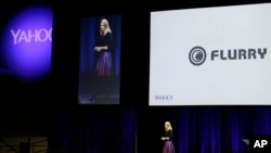 Yahoo President and CEO Marissa Mayer delivers the keynote address at the first-ever Yahoo Mobile Developer Conference Thursday, Feb. 19, 2015, in San Francisco. (AP Photo/Eric Risberg)