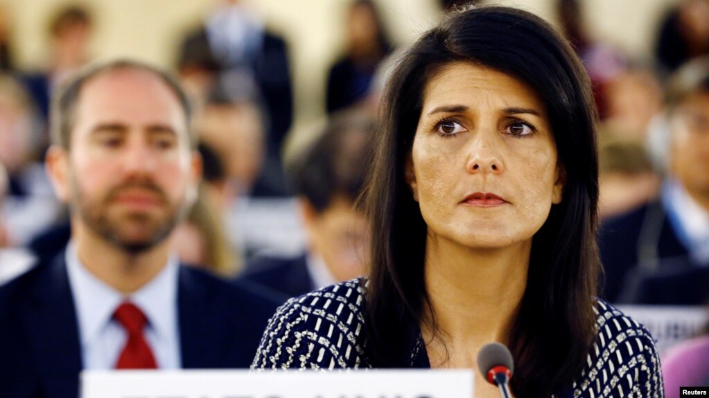 U.S. Ambassador to the United Nations Nikki Haley attends the United Nations Human Rights Council in Geneva, Switzerland, June 6, 2017.