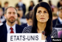 U.S. Ambassador to the United Nations Nikki Haley attends the United Nations Human Rights Council in Geneva, Switzerland June 6, 2017.