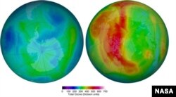 The false-color view of total ozone over the Antarctic pole (l) and Arctic pole (r) on March 6, 2014. The purple and blue colors are where there is the least ozone, and the yellows and reds are where there is more ozone.