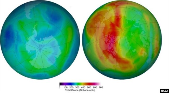 The false-color view of total ozone over the Antarctic pole (l) and Arctic pole (r) on March 6, 2014. The purple and blue colors are where there is the least ozone, and the yellows and reds are where there is more ozone.